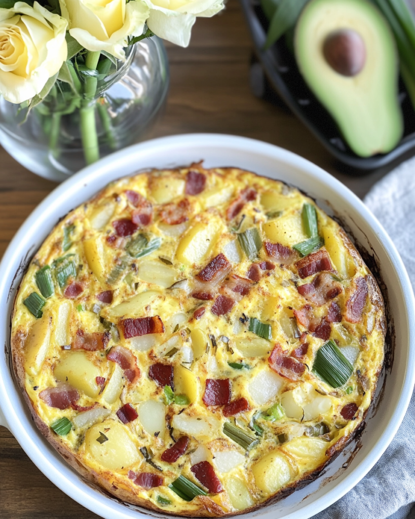 Ingredients for Leek Bacon Potato Frittata, including leeks, bacon, potatoes, eggs, and half-and-half. 