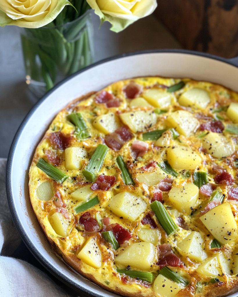 Pouring the egg mixture with leeks, bacon, and potatoes into the skillet for Leek Bacon Potato Frittata.