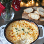 Baked Lobster Dip being scooped with a piece of crusty bread, showing the creamy texture and lobster chunks.
