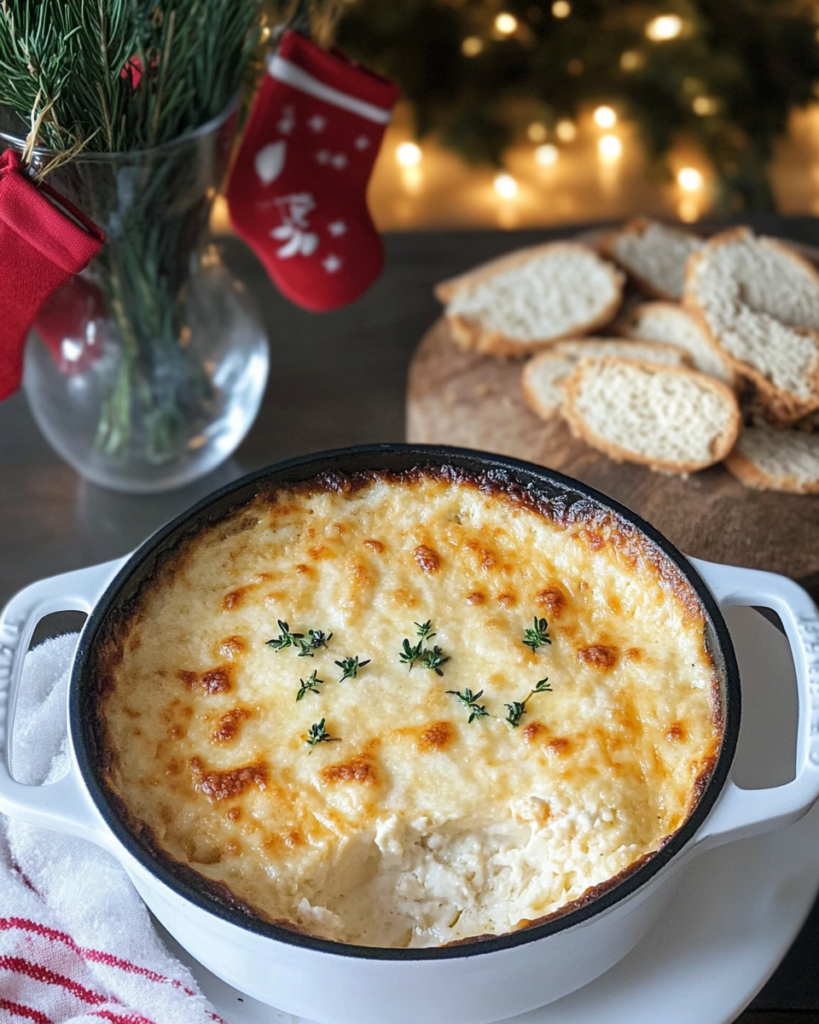 Baked Lobster Dip being scooped with a piece of crusty bread, showing the creamy texture and lobster chunks.