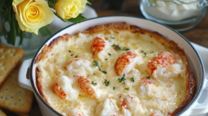 A bubbly, golden-brown Baked Lobster Dip in a skillet or baking dish, garnished with herbs.