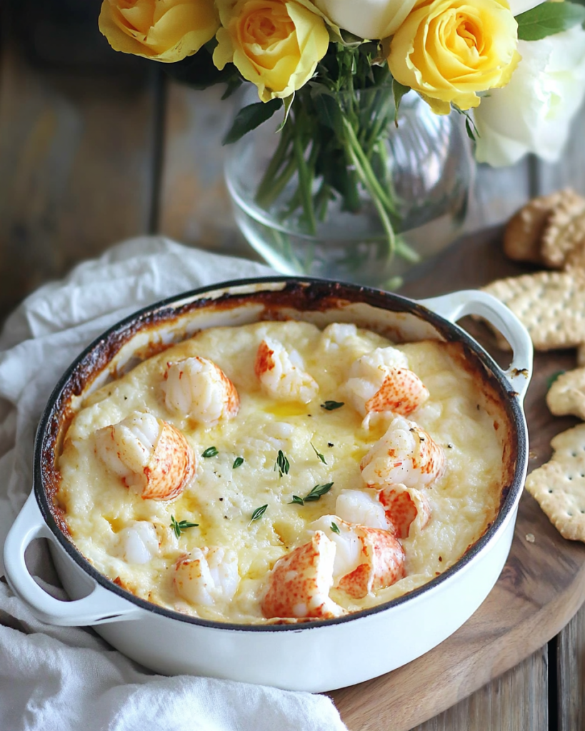 Spreading the creamy lobster mixture into the baking dish before topping with cheese for Baked Lobster Dip.