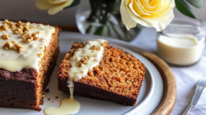 A slice of Carrot Cake Loaf showing carrots and nuts/raisins, served with a dollop of vanilla bean ricotta.