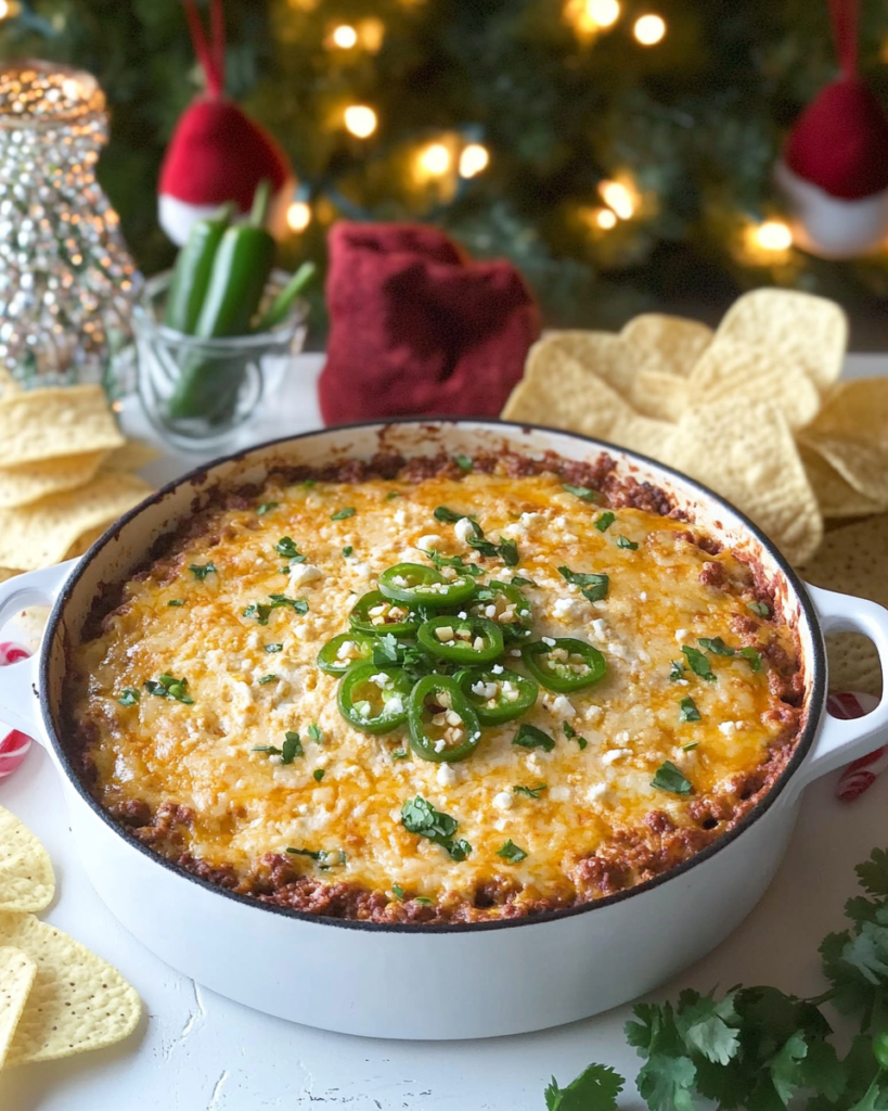 Jalapeño Popper Chorizo Dip being scooped with a tortilla chip, showing the cheesy texture.