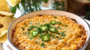 A cast iron skillet filled with bubbly, golden-topped Jalapeño Popper Chorizo Dip, garnished with cilantro and scallions.