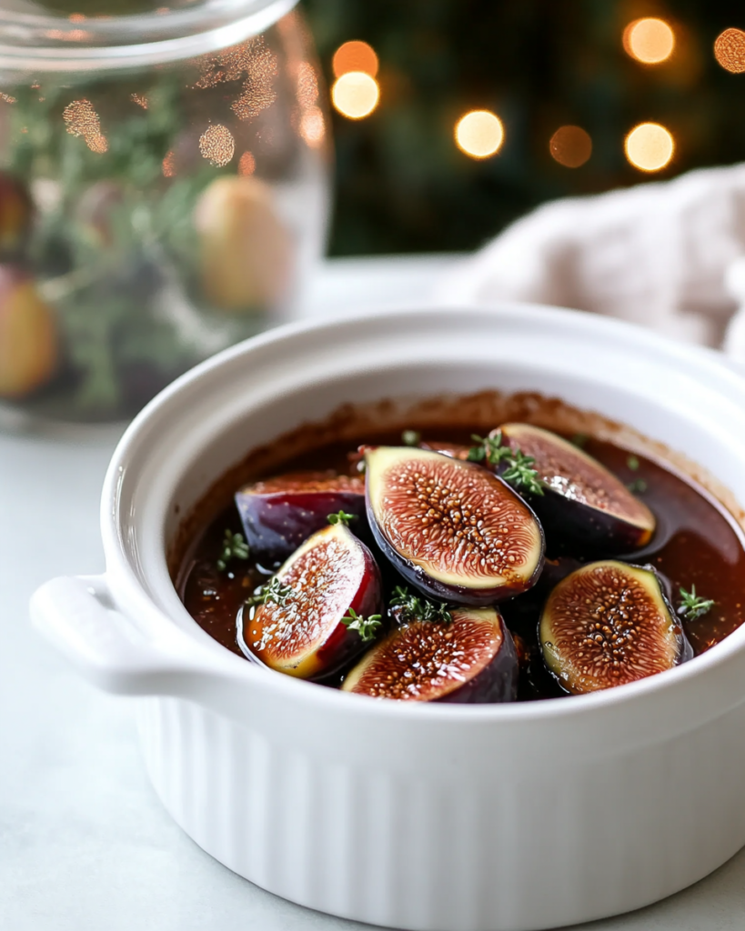 Ingredients for Fig Balsamic Vinaigrette, including fresh figs, balsamic vinegar, olive oil, maple syrup, garlic, and thyme.
