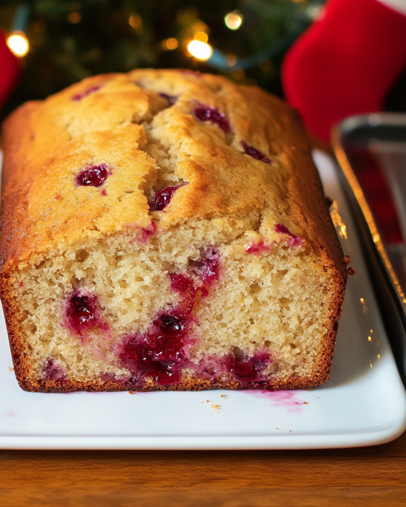 The whole Raspberry Lemon Bread loaf on a cutting board, partially sliced.