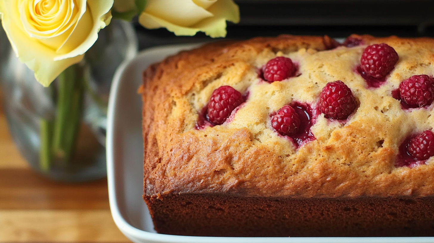 A slice of Raspberry Lemon Bread showing fresh raspberries and a moist crumb.
