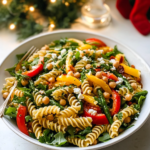 Tossing the cooked pasta and roasted vegetables with the lemon red wine vinaigrette in a large mixing bowl for Summer Pasta Salad.