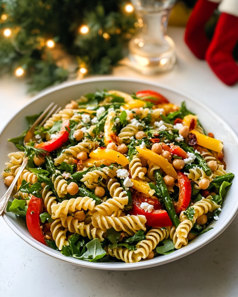 Tossing the cooked pasta and roasted vegetables with the lemon red wine vinaigrette in a large mixing bowl for Summer Pasta Salad.