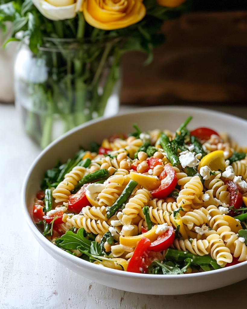  Ingredients for Summer Pasta Salad, including pasta, bell peppers, asparagus, chickpeas, feta, lemon, and fresh herbs.
