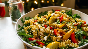 A large, colorful bowl of Summer Pasta Salad with fusilli, roasted peppers, asparagus, chickpeas, feta, and herbs.