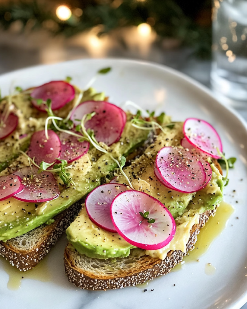 Ingredients for Cashew Cheese Avocado Toast, including avocados, cashews, nutritional yeast, lemon, watermelon radish, microgreens, and bread.
