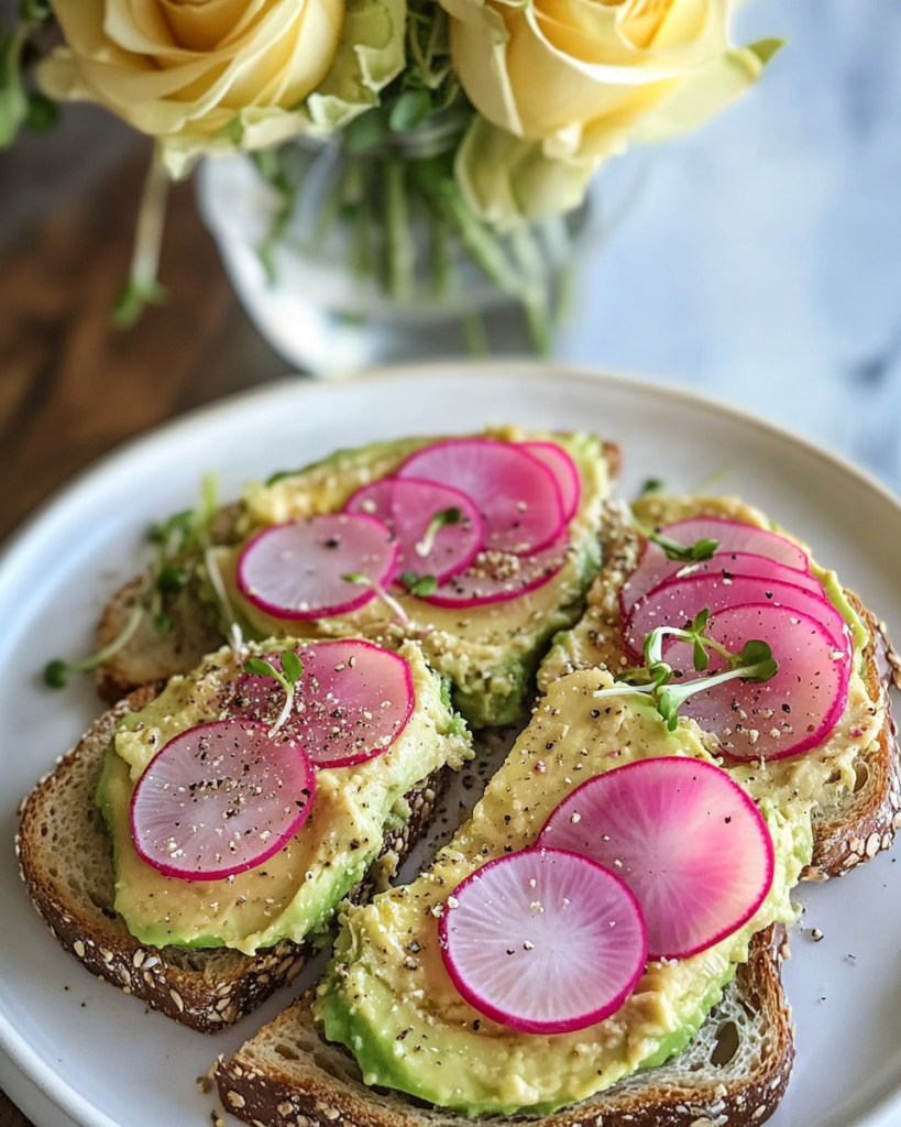 Cashew Cheese Avocado Toast served on a plate, ready for brunch or lunch.