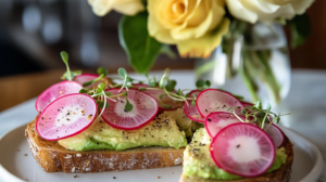 Beautiful slices of Cashew Cheese Avocado Toast topped with mashed avocado, pink watermelon radish slices, and microgreens.