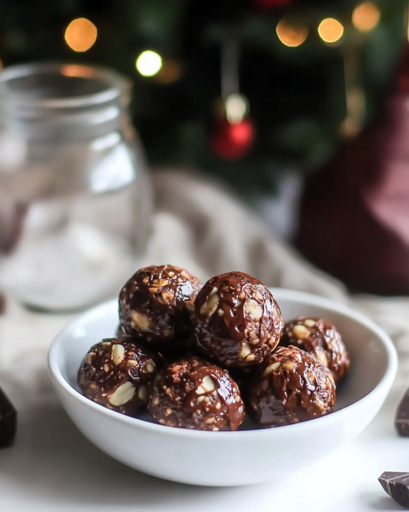 Ingredients for Chocolate Espresso Energy Bites, including dates, almonds, pecans, cocoa powder, espresso powder, almond butter, and dark chocolate.