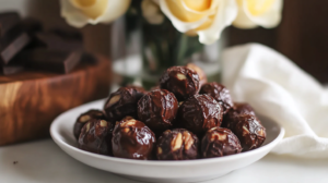 A collection of dark Chocolate Espresso Energy Bites, drizzled with chocolate, some possibly cut open to show the almond butter center.