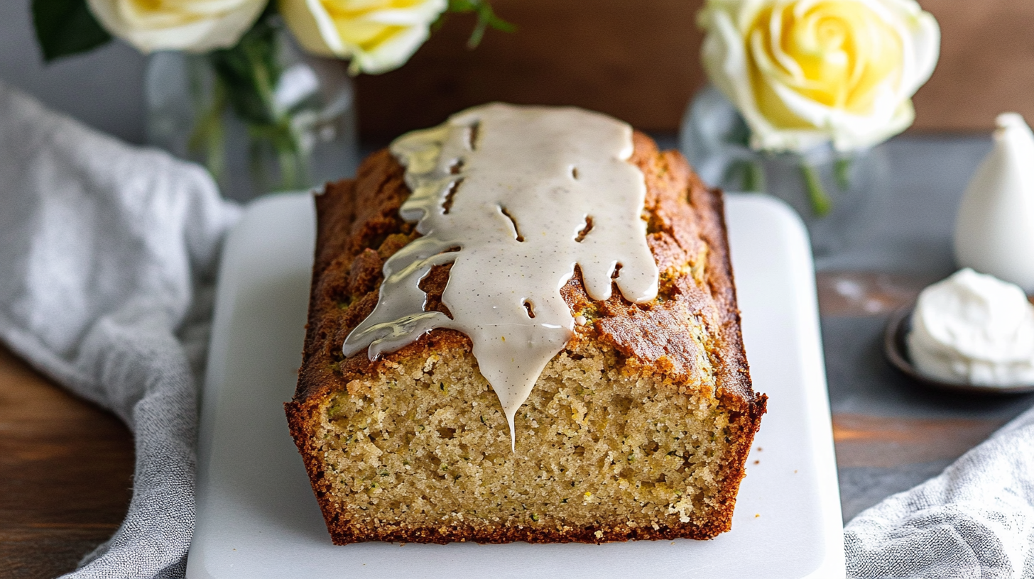 A slice of Lemon Zucchini Bread showing zucchini flecks and topped with vanilla bean cream cheese glaze.