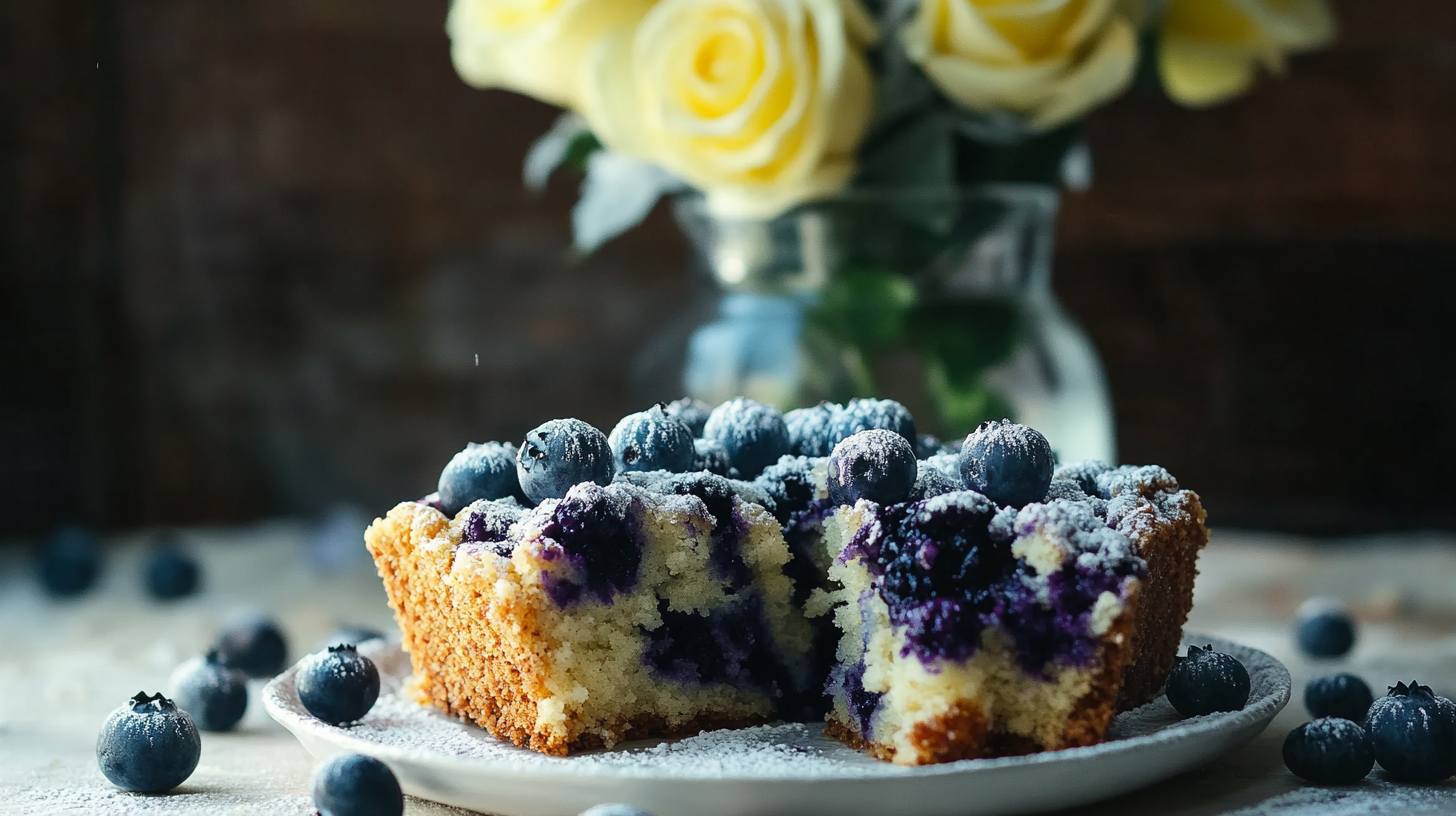 A slice of Blueberry Buckle Coffee Cake showing blueberries in the cake and a thick crumb topping, perhaps dusted with powdered sugar.