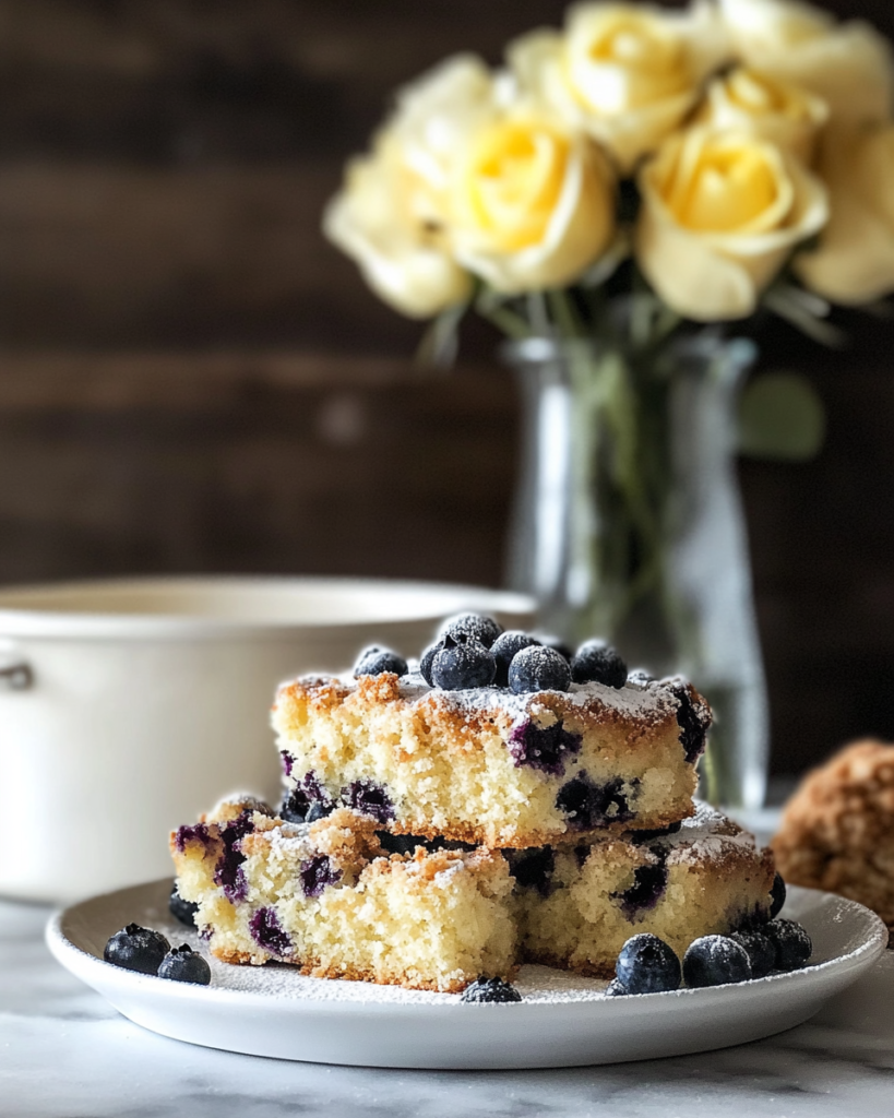 Sprinkling the crumb topping over the blueberry-filled batter in the baking pan for Blueberry Buckle Coffee Cake.