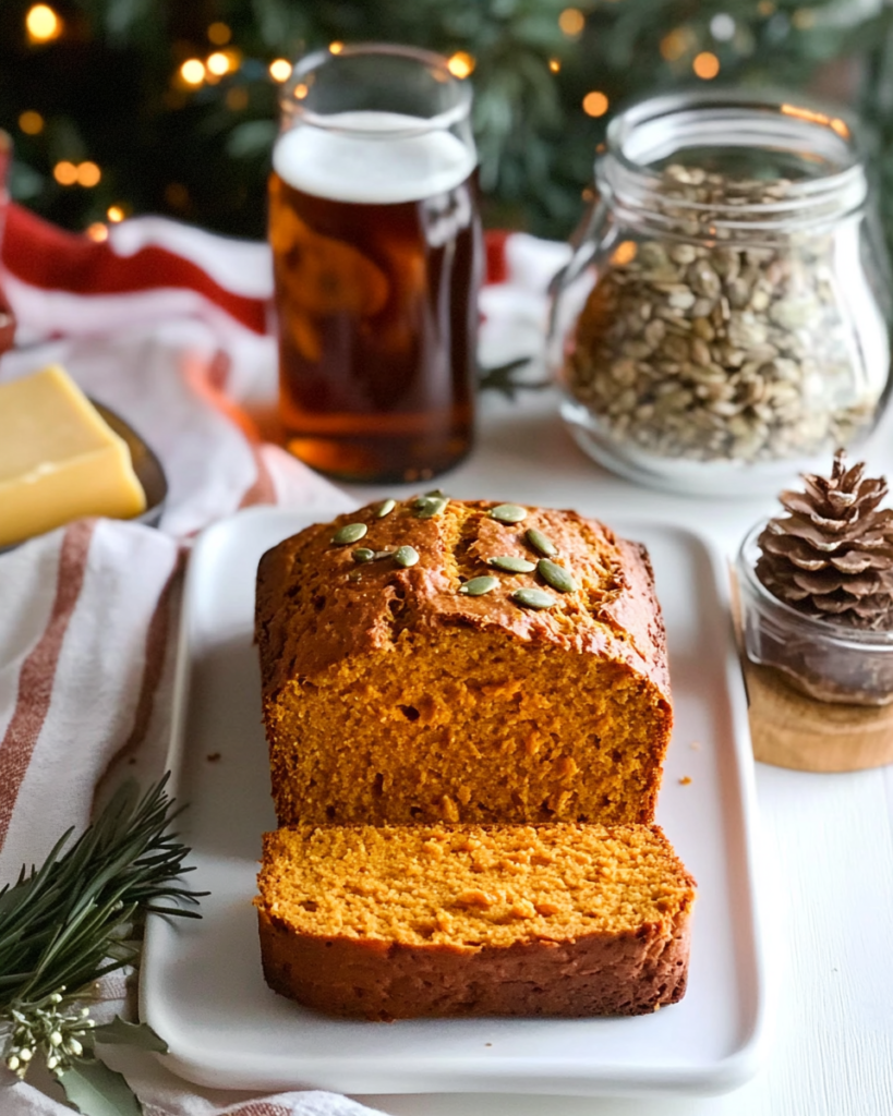 Slices of Pumpkin Beer Bread served alongside a bowl of chili or soup.
