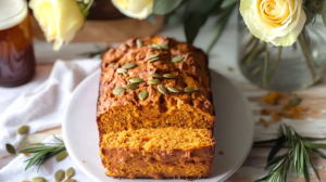 A slice of Pumpkin Beer Bread showing cheddar cheese, rosemary flecks, and pepitas on top.