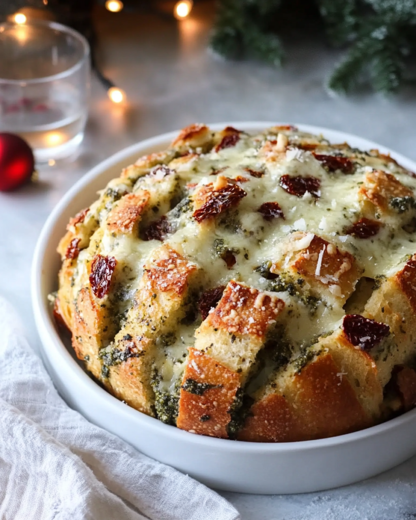 Pesto Pull Apart Bread (Cheesy Sundried Tomato!) 10 Ingredients for Pesto Pull Apart Bread, including a crusty bread loaf, pesto, sun-dried tomatoes, mozzarella, fontina, and Parmesan cheese.