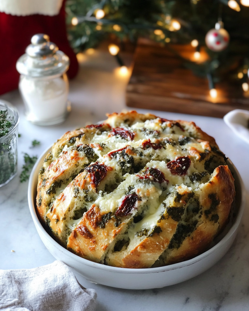 Guests reaching in to pull pieces from the Pesto Pull Apart Bread on a party table.