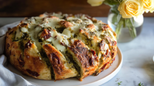 A golden-brown, cheesy Pesto Pull Apart Bread with visible pesto and sun-dried tomatoes, possibly with a piece being pulled off.