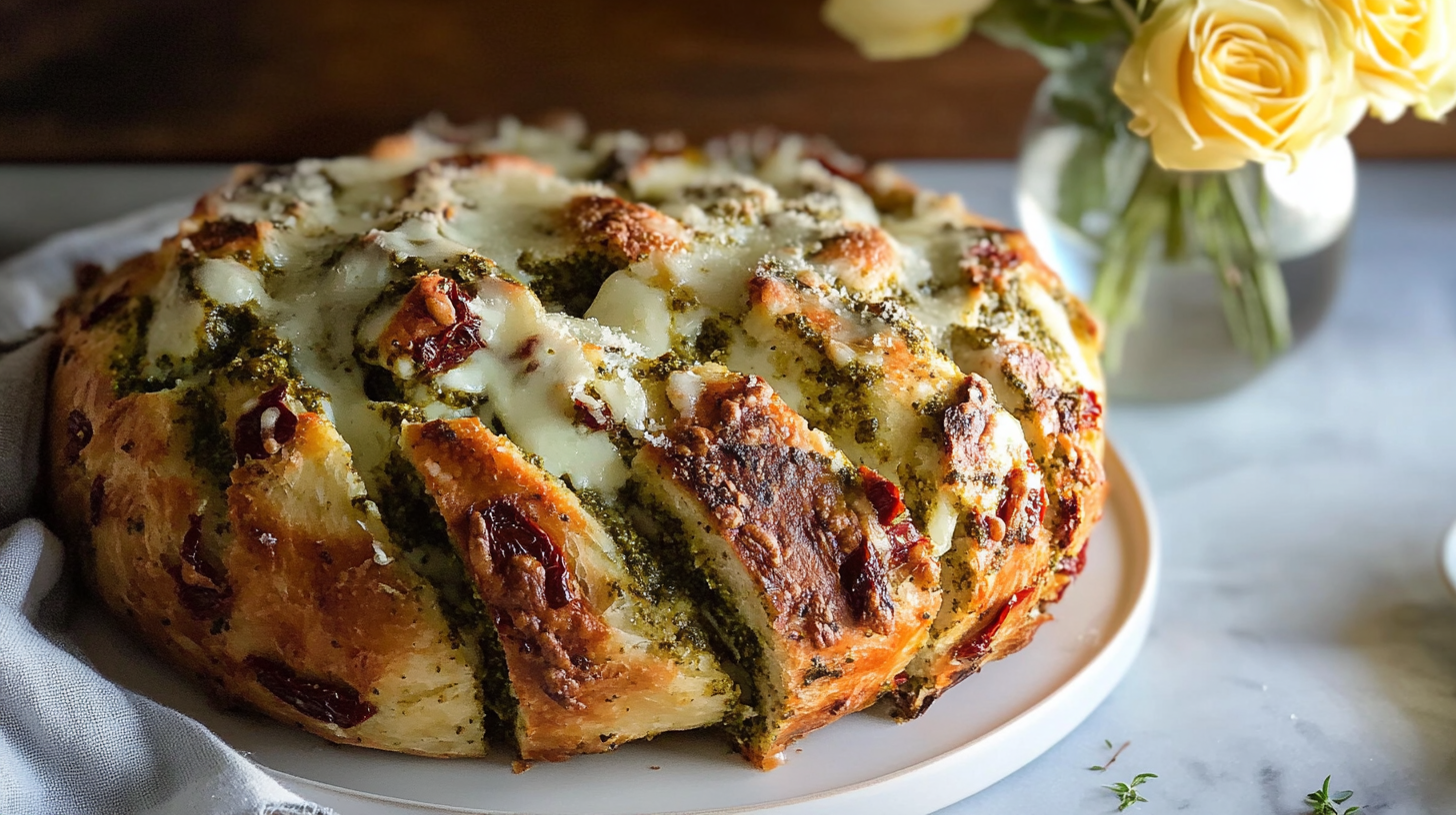 A golden-brown, cheesy Pesto Pull Apart Bread with visible pesto and sun-dried tomatoes, possibly with a piece being pulled off.