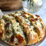 Stuffing cheese and pesto into the crevices of the criss-cross cut bread loaf for Pull Apart Bread.