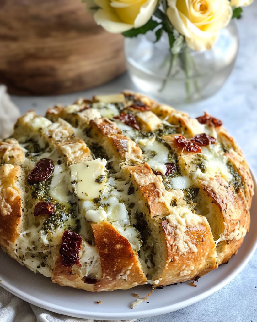 Stuffing cheese and pesto into the crevices of the criss-cross cut bread loaf for Pull Apart Bread.