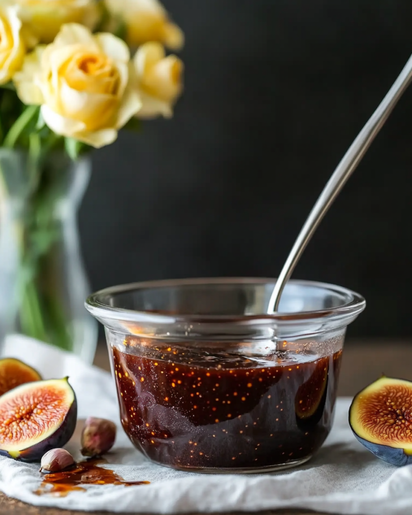 A fresh green salad being drizzled with Fig Balsamic Vinaigrette.