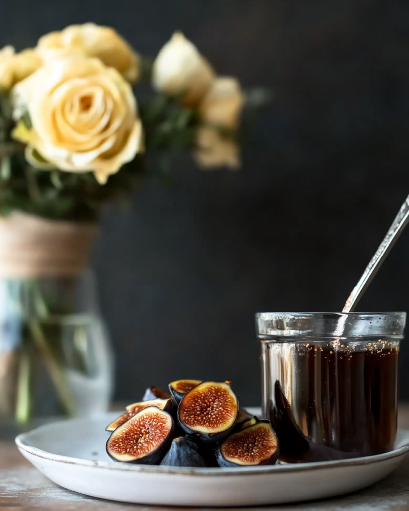 Blending the roasted figs and other ingredients in a food processor for Fig Balsamic Vinaigrette.