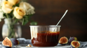 A jar or small bowl of dark, creamy Fig Balsamic Vinaigrette.