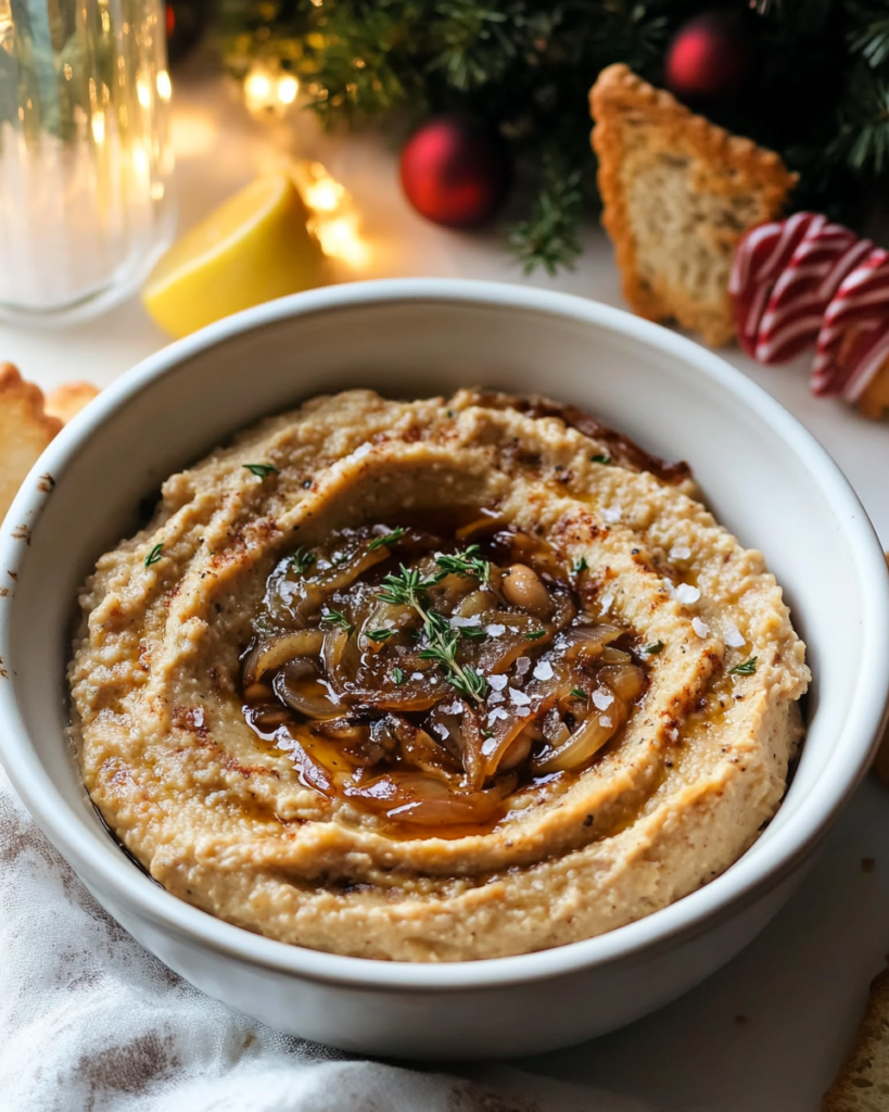 Ingredients for Caramelized Onion White Bean Dip, including white beans, sweet onions, balsamic vinegar, thyme, garlic, and olive oil.