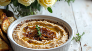 A creamy bowl of Caramelized Onion White Bean Dip, topped with reserved caramelized onions and fresh thyme.