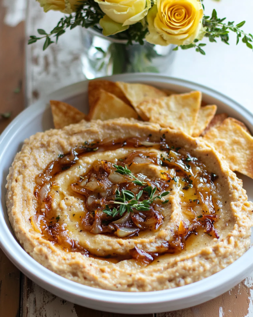 Caramelized Onion White Bean Dip served in a bowl with crostini and vegetable sticks for dipping.