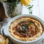 Caramelizing thinly sliced onions until deeply golden brown in a pot for the Caramelized Onion White Bean Dip.
