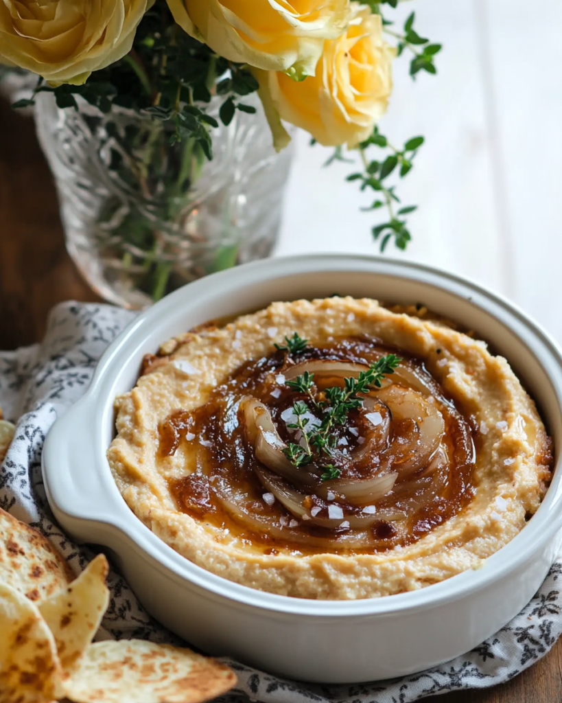 Caramelizing thinly sliced onions until deeply golden brown in a pot for the Caramelized Onion White Bean Dip.