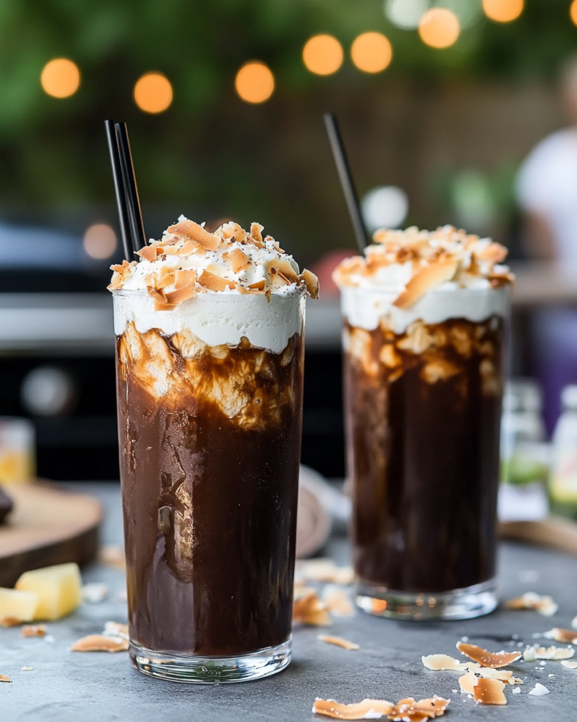 Drizzling homemade dark chocolate fudge sauce into the blender or over the finished Mocha Coconut Iced Coffee.