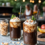 Ingredients for Mocha Coconut Iced Coffee, including cold brew coffee, dark chocolate, coconut flakes, coconut extract, maple syrup, cream/milk.