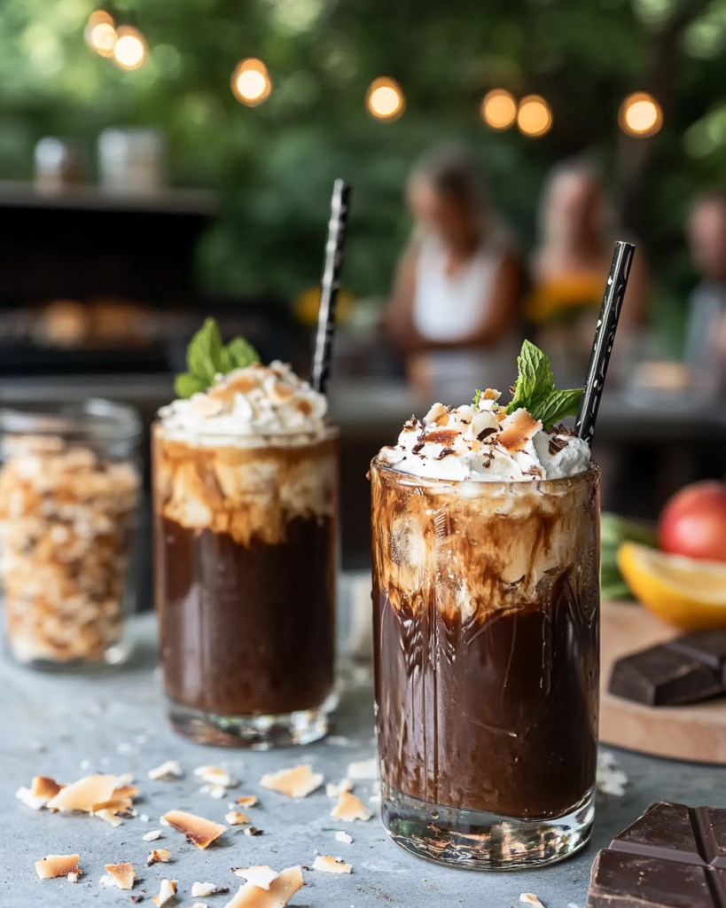 Ingredients for Mocha Coconut Iced Coffee, including cold brew coffee, dark chocolate, coconut flakes, coconut extract, maple syrup, cream/milk.