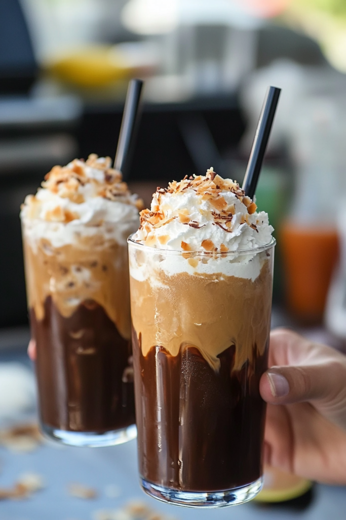 Close-up of the Mocha Coconut Iced Coffee showing the layers, toppings, and toasted coconut rim.