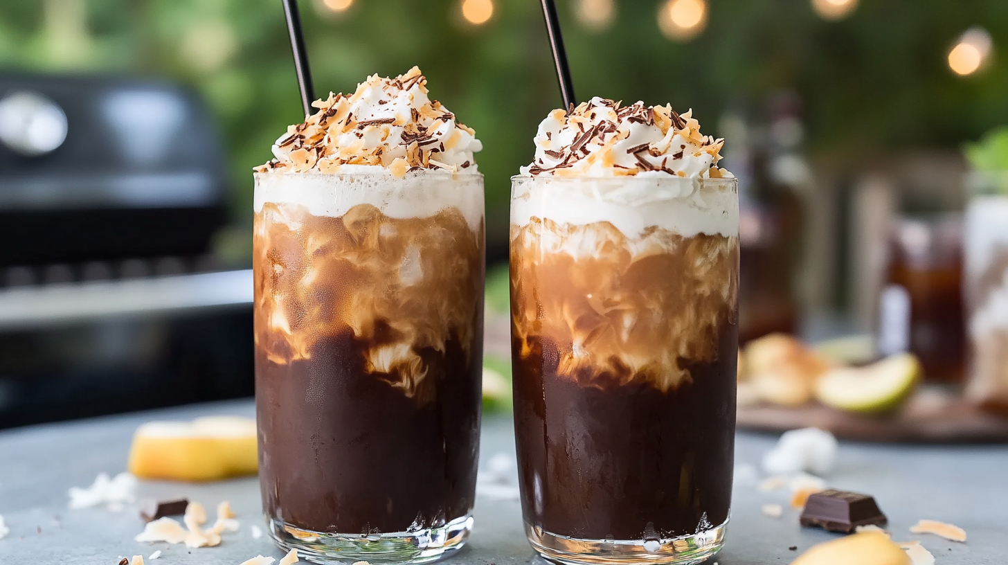 Tall glasses of Mocha Coconut Iced Coffee with whipped cream, chocolate drizzle, and toasted coconut rim.