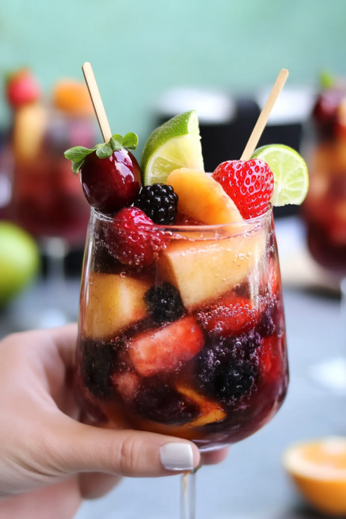 Close-up of a Sangria Soaked Fruit Skewer showing the different types of wine-infused fruit.