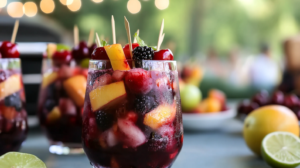 Colorful Sangria Soaked Fruit Skewers arranged on a platter, possibly with a glass of sangria.
