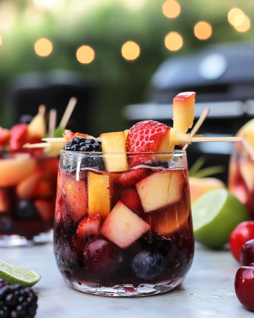 Fresh fruit pieces marinating in a bowl of red wine sangria before being skewered.