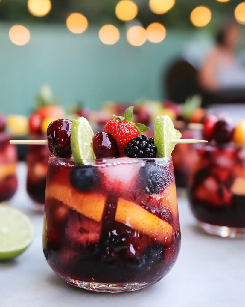 Ingredients for Sangria Soaked Fruit Skewers, including various fresh fruits (berries, apples, peaches, citrus), red wine, brandy, and sugar.  