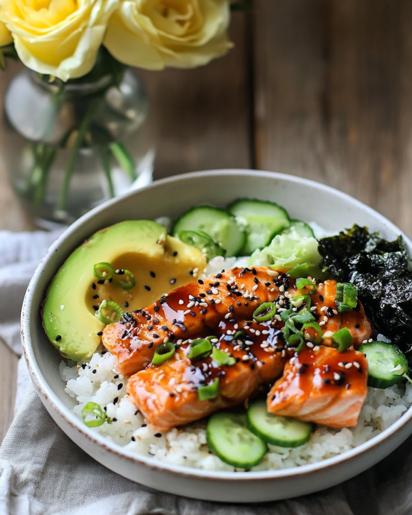 A close-up of the Salmon Sushi Bowl highlighting the different textures and colors.